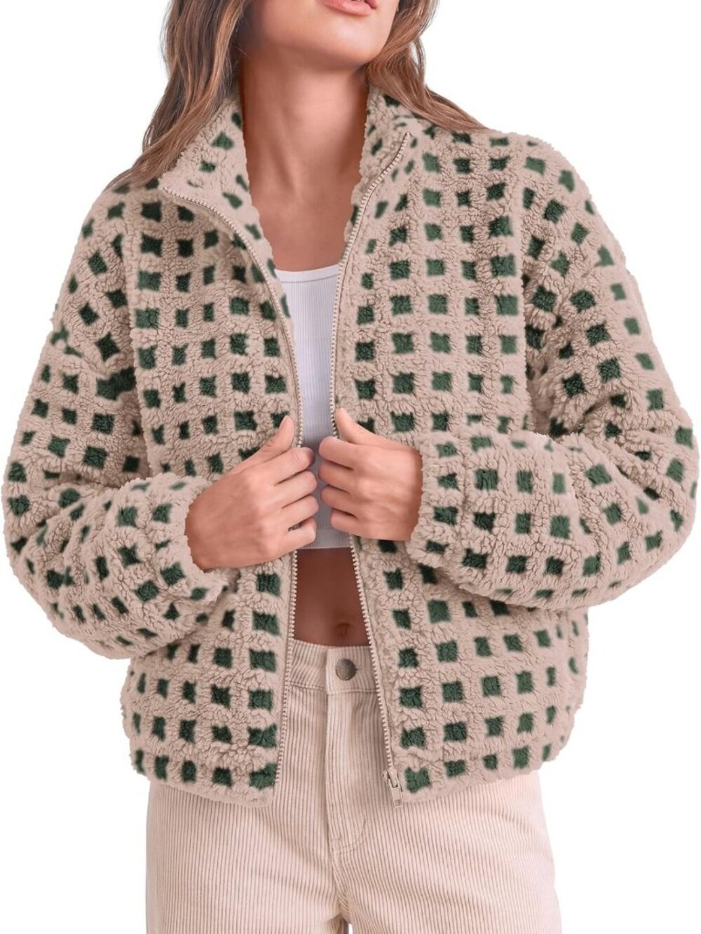 Cozy Gingham Sherpa Fleece Jacket | Plaid Cropped Teddy Coat for Women